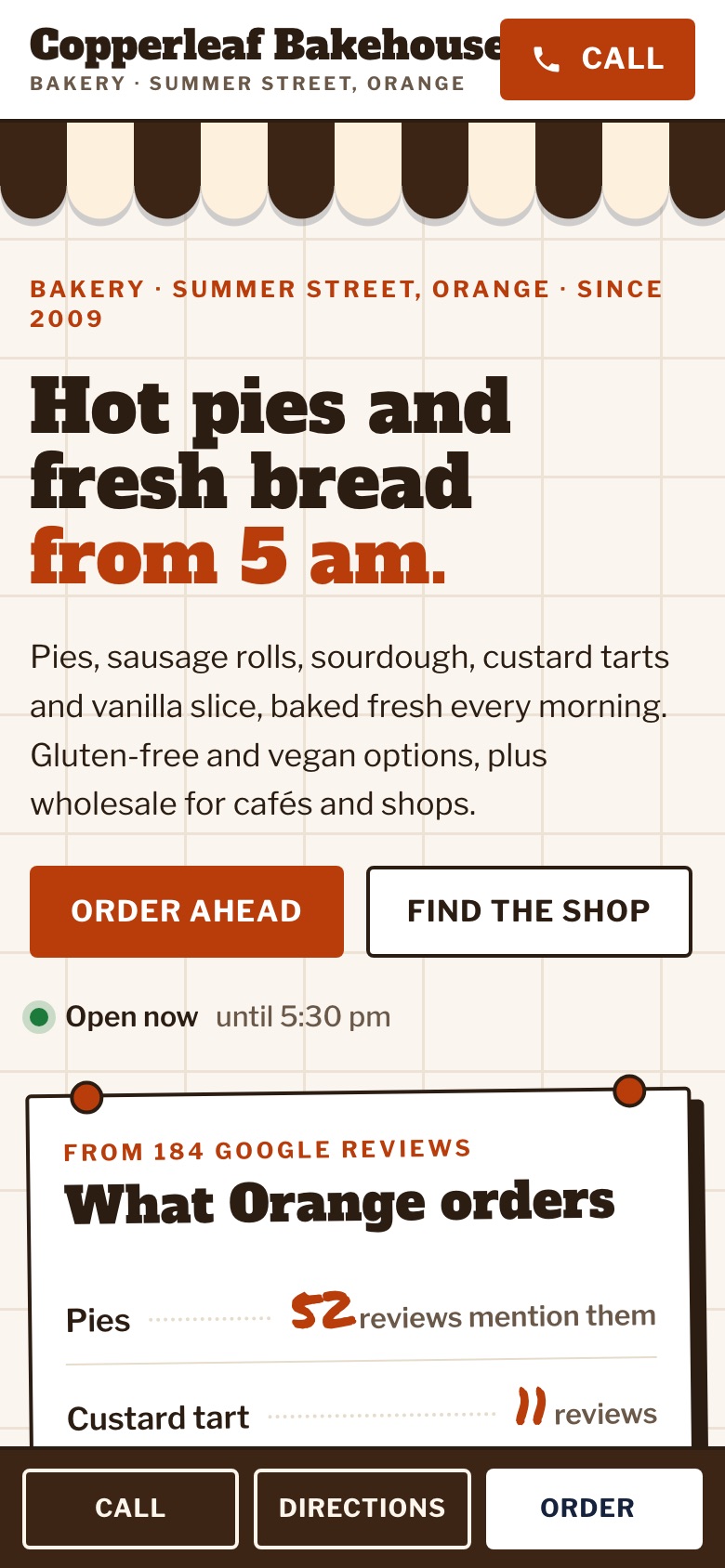 Copperleaf Bakehouse website on a phone